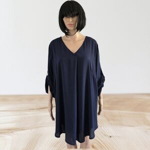 Elegant Navy Blue Flowy Top With Ajustable Sleeves, Plus Size 3X